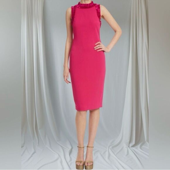 Badgley Mischka Fuchsia Sleeveless Ruffle Trim Midi Dress Size 2 Style BD5038 - Picture 3 of 7